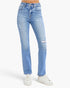 Light wash blue denim jeans with distressed details on the thighs and knees, shown on a model wearing white sneakers against a plain white background.