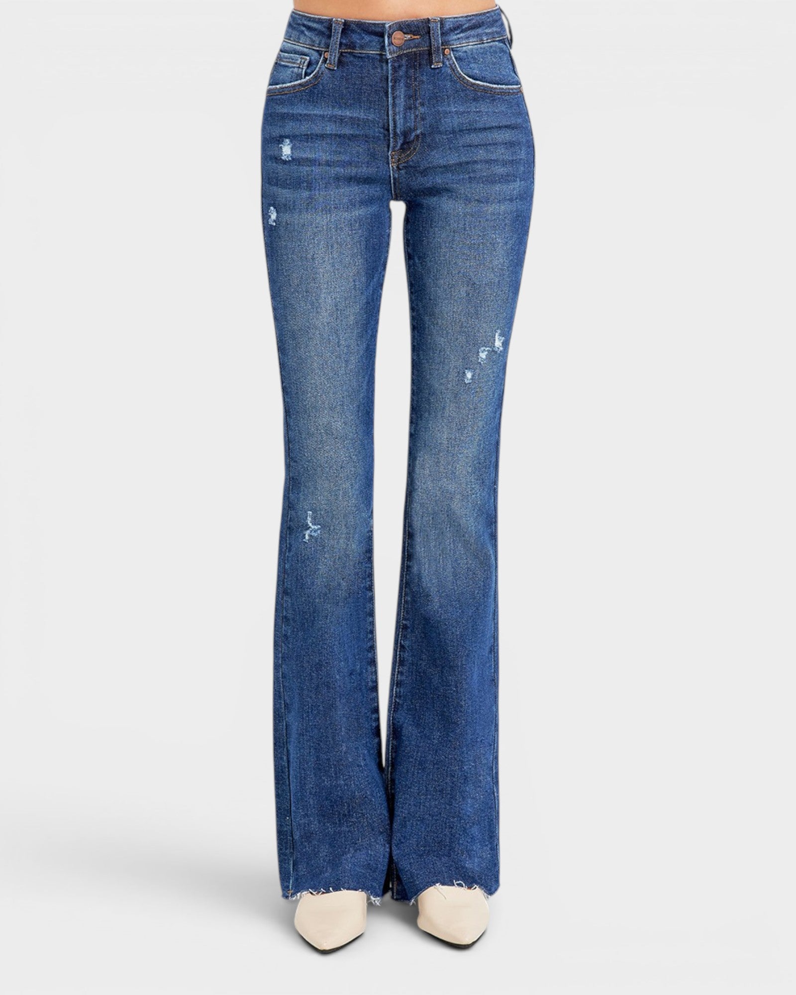 Blue flared jeans on a white background