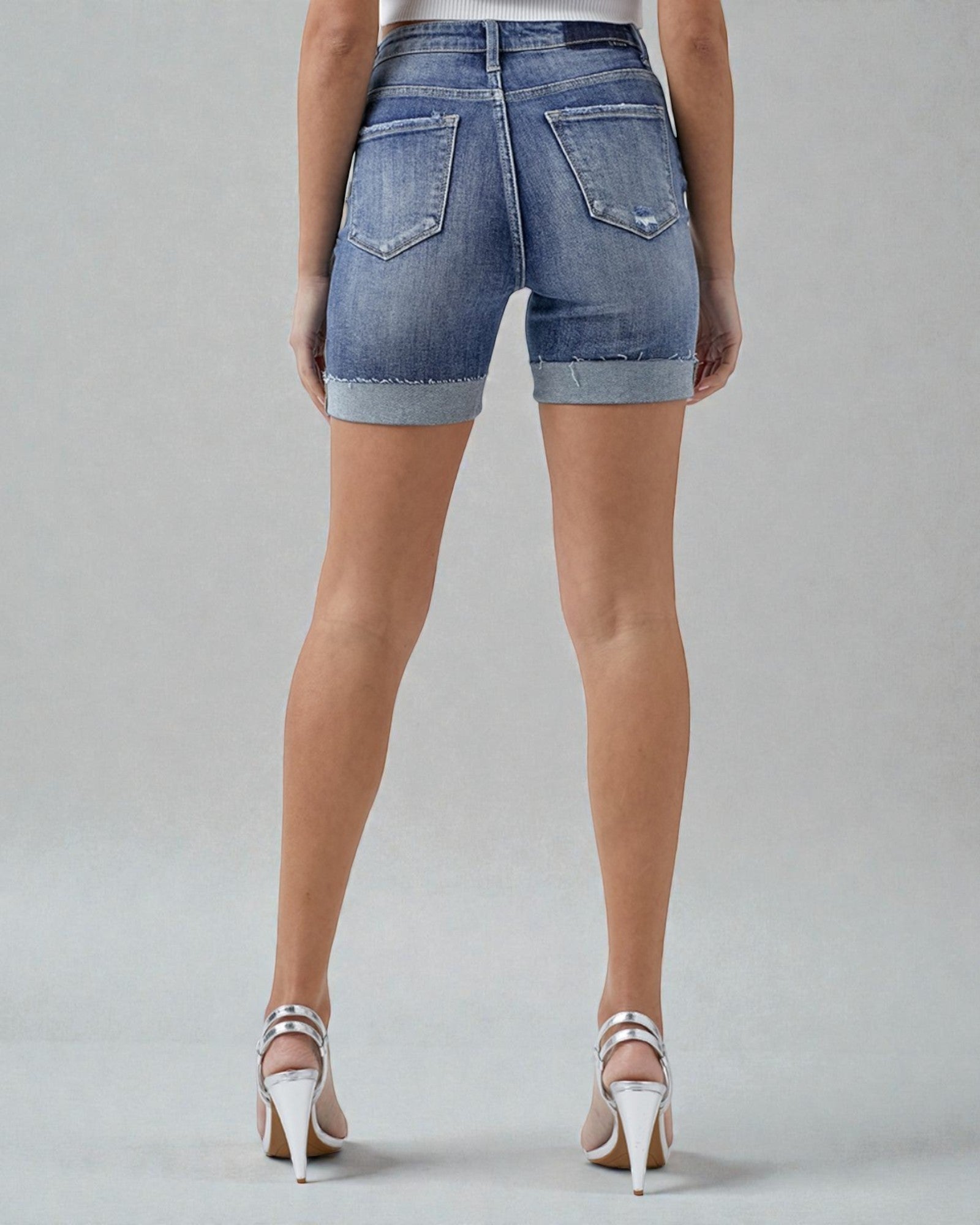 Medium Wash High Rise Distressed Denim Shorts