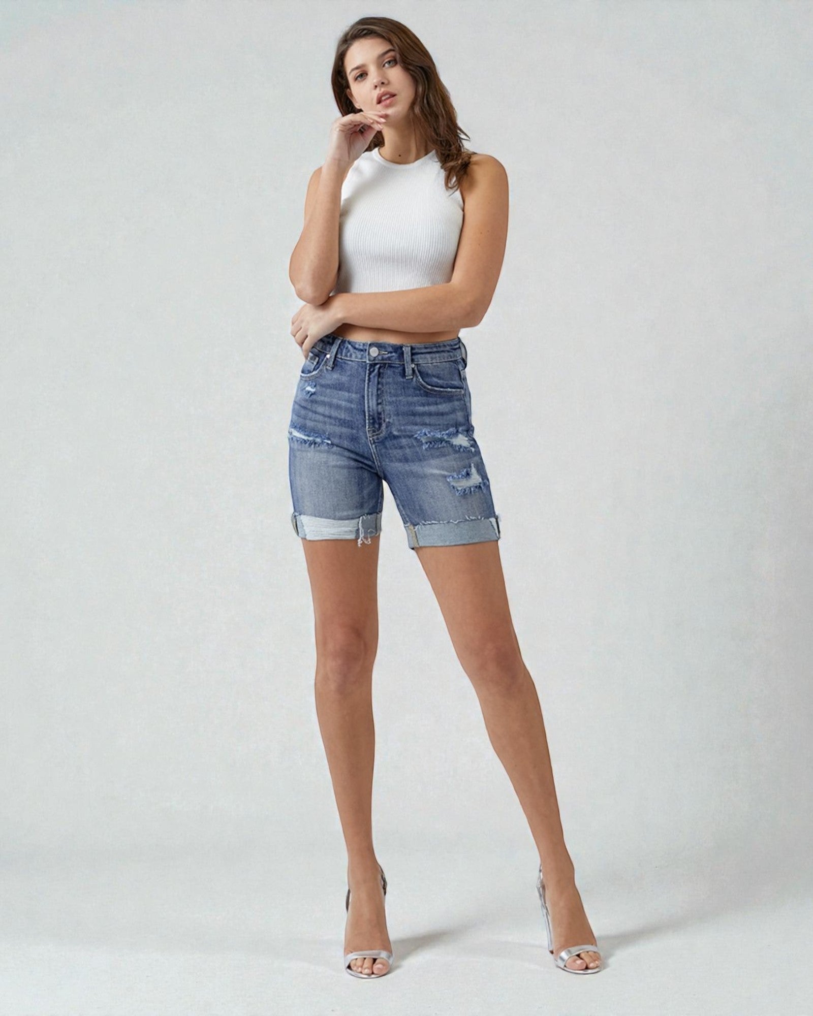 Medium Wash High Rise Distressed Denim Shorts