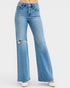 Blue jeans with a slight distressed look on a white background