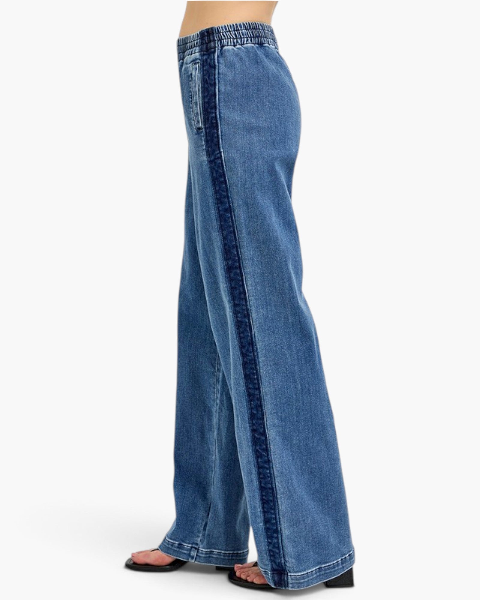 A side view of a person wearing wide-leg blue denim jeans with a dark blue vertical stripe detail down the side, paired with black flat sandals, against a plain white background.