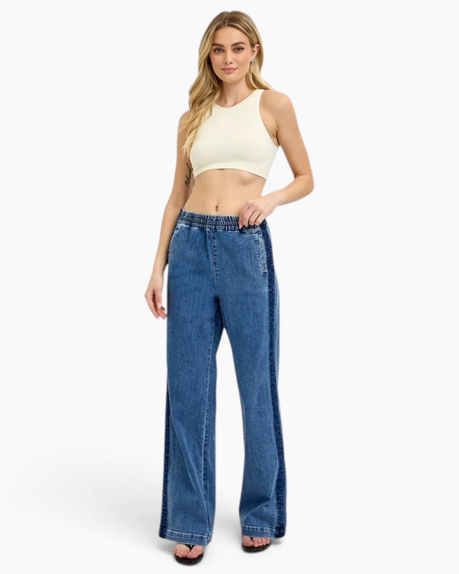 Medium-Wash Pull-On Wide-Leg Jeans