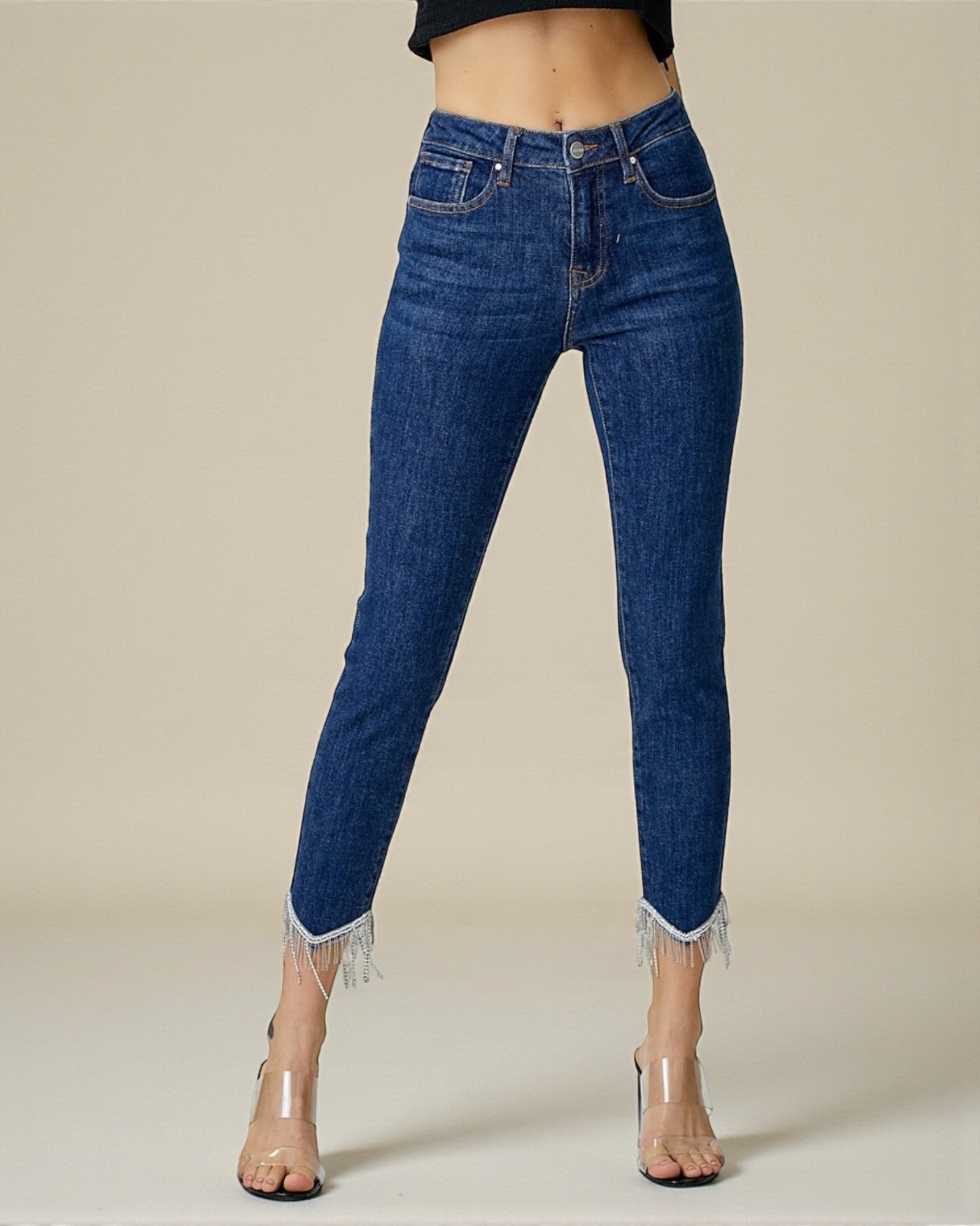 Jean skinny taille mi-haute délavé foncé avec franges en strass