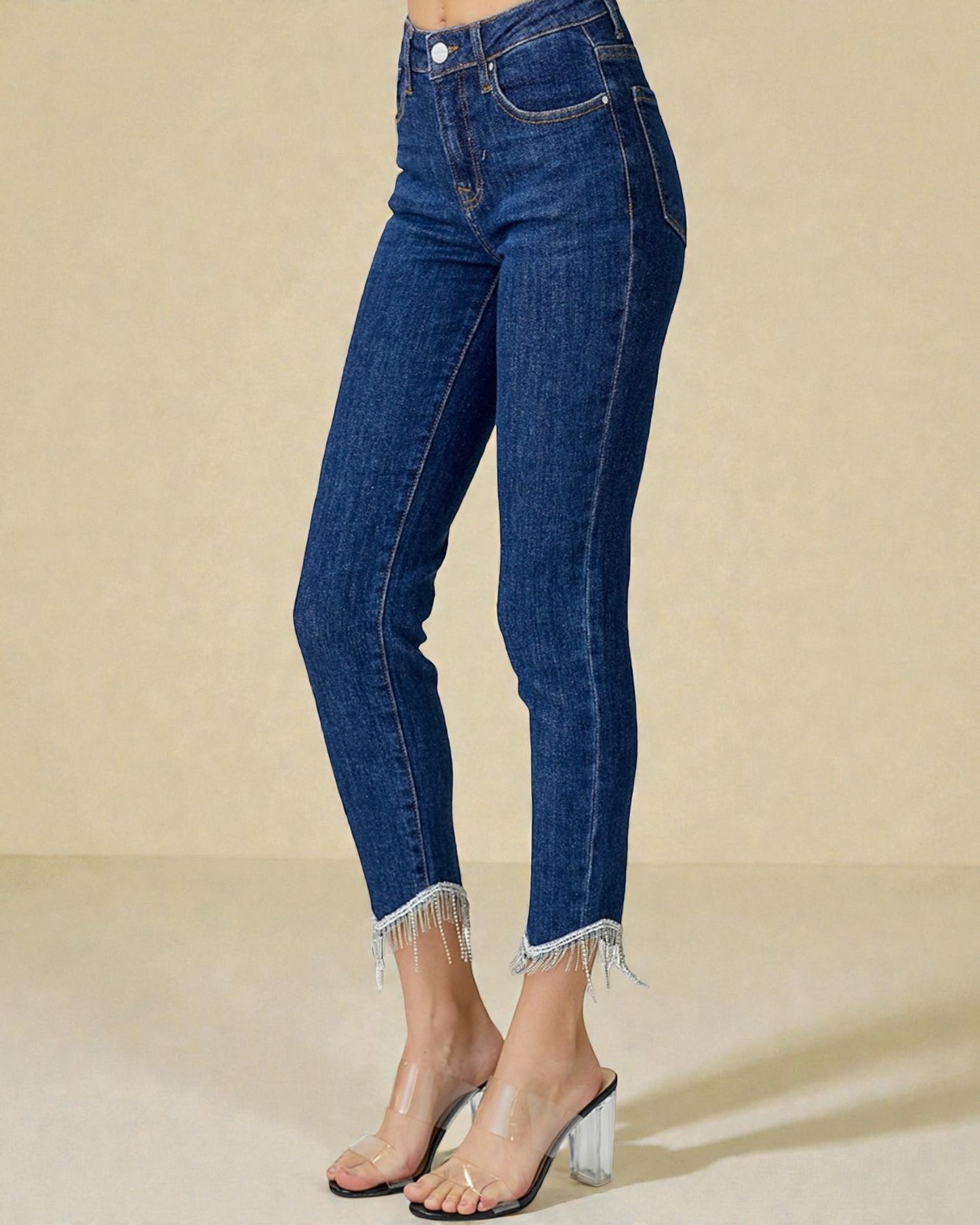 Dark Wash Ankle Rhinestone Fringe Jeans