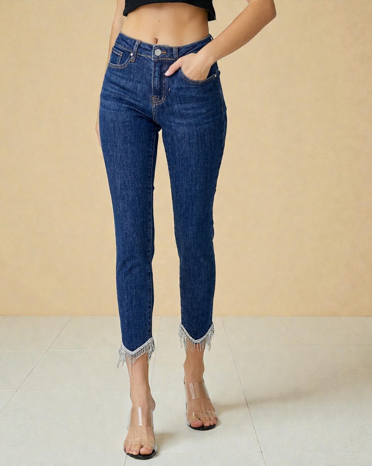 Dark Wash Ankle Rhinestone Fringe Jeans