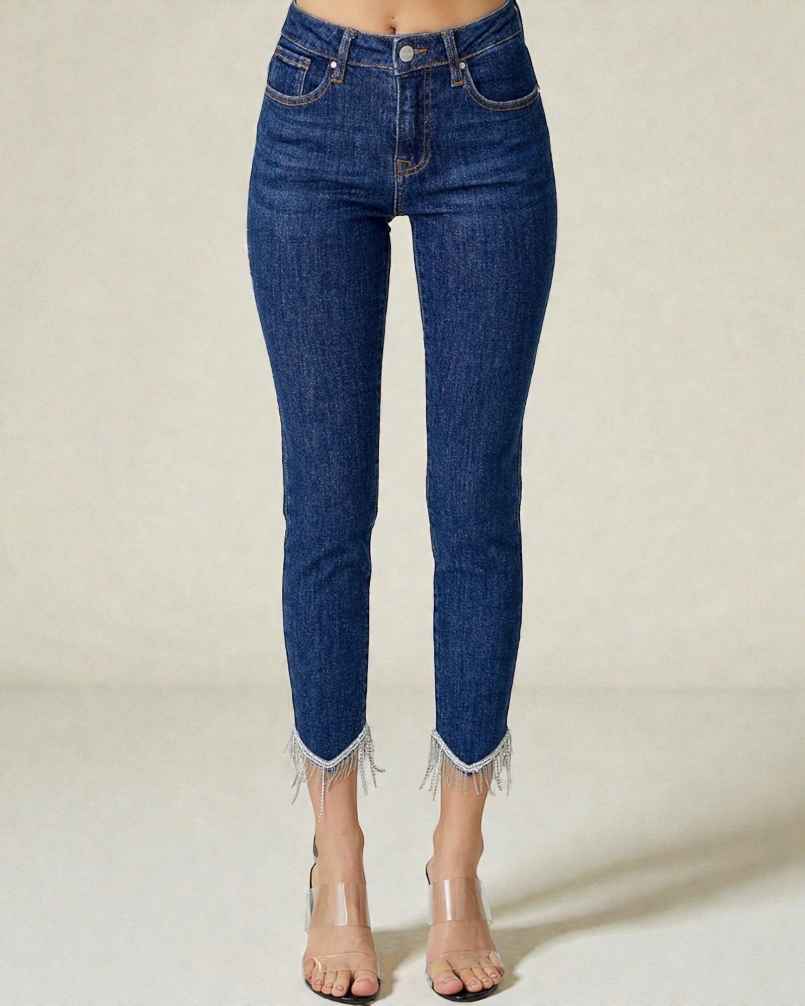Jean skinny taille mi-haute délavé foncé avec franges en strass