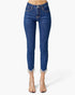 A model is wearing a pair of high-waisted, cropped blue denim jeans with frayed hems, paired with clear high-heeled sandals, shown against a plain white studio background.