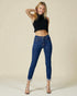 Jean skinny taille mi-haute délavé foncé avec franges en strass