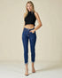 Jean skinny taille mi-haute délavé foncé avec franges en strass