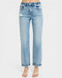 Light blue jeans with a distressed look on a white background