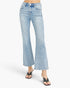A person wearing light-wash blue flare jeans with a cropped hem and black strap sandals, shown from the waist down on a plain light gray studio background.