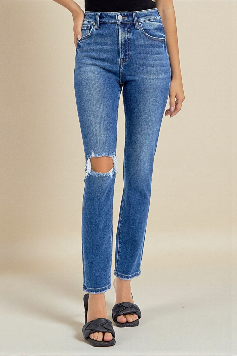 Jean skinny taille haute délavé foncé