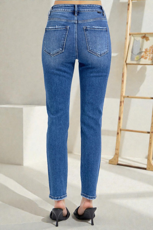 Jean skinny taille haute délavé foncé