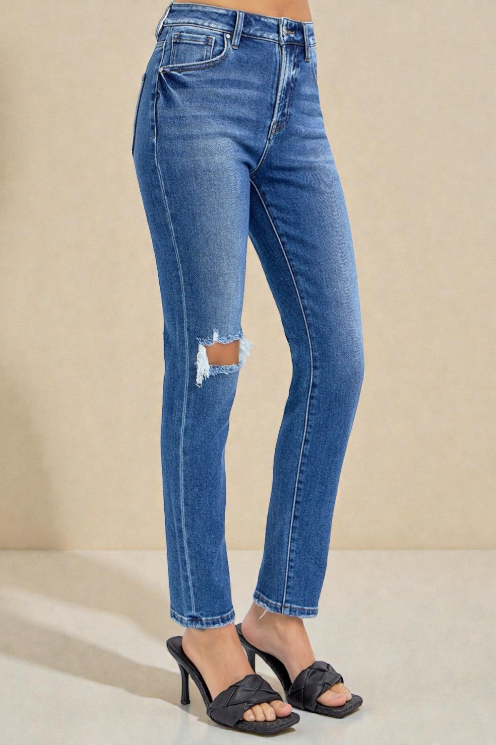 Jean skinny taille haute délavé foncé
