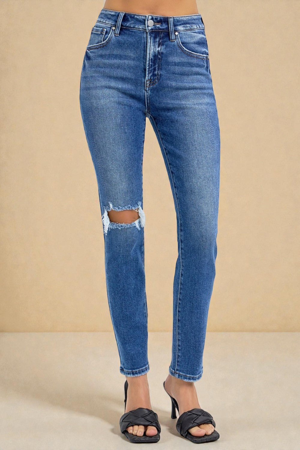Jean skinny taille haute délavé foncé