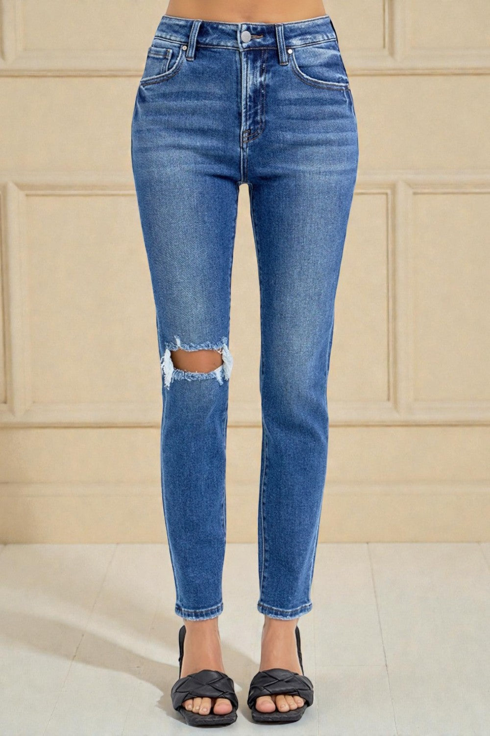 Jean skinny taille haute délavé foncé