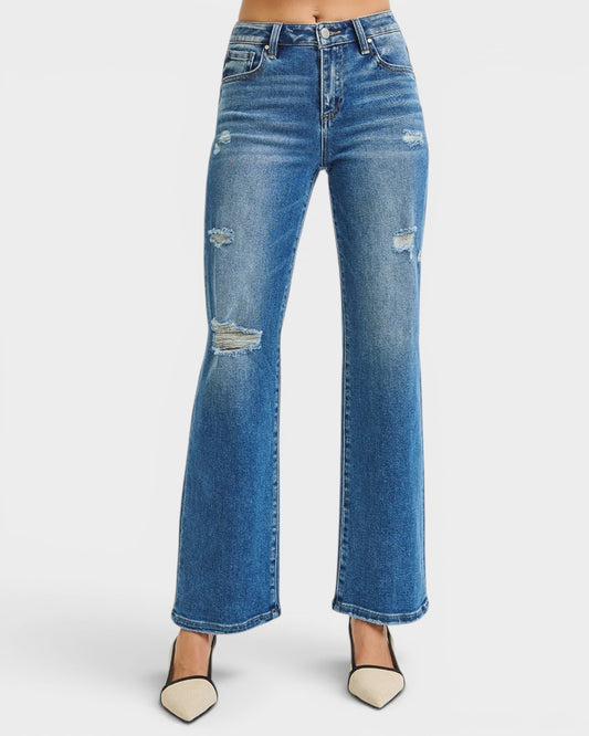 Medium Wash Distressed Flare Jeans