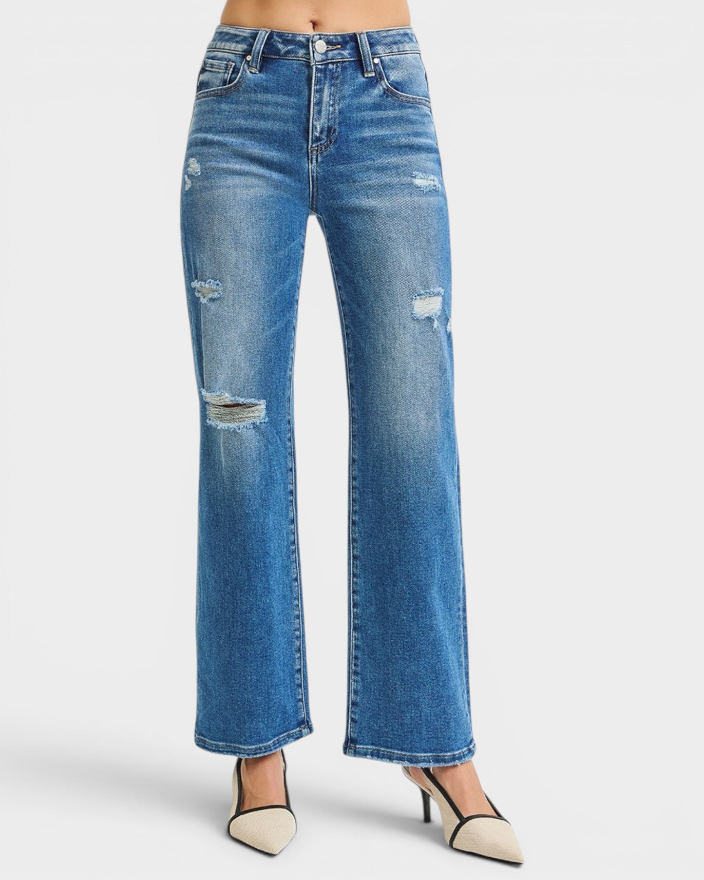 Medium Wash Distressed Flare Jeans