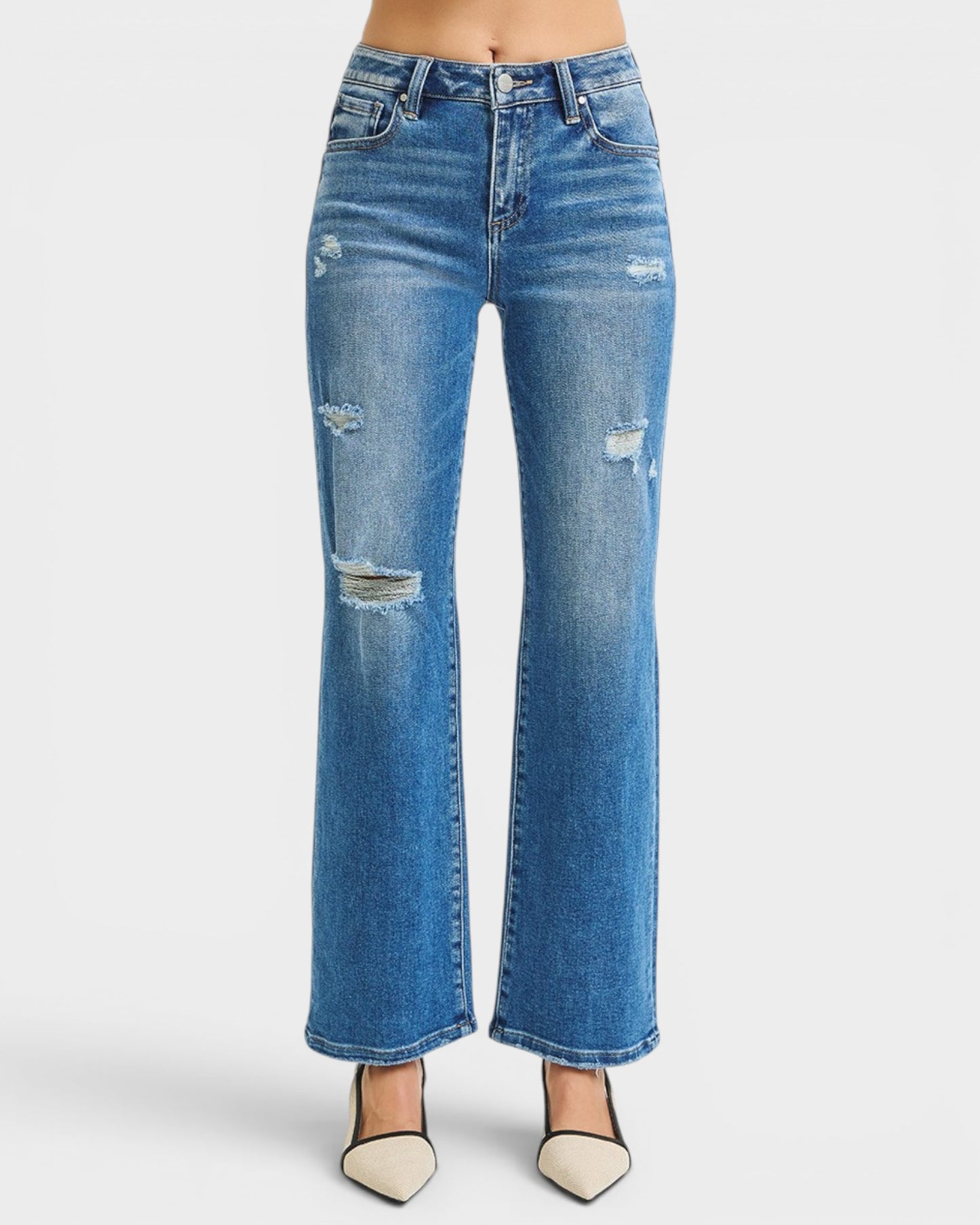Medium Wash Distressed Flare Jeans
