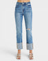 Blue jeans with a distressed design on a white background