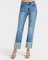 Blue jeans with a distressed look on a white background