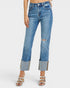 Blue jeans with a distressed look on a white background