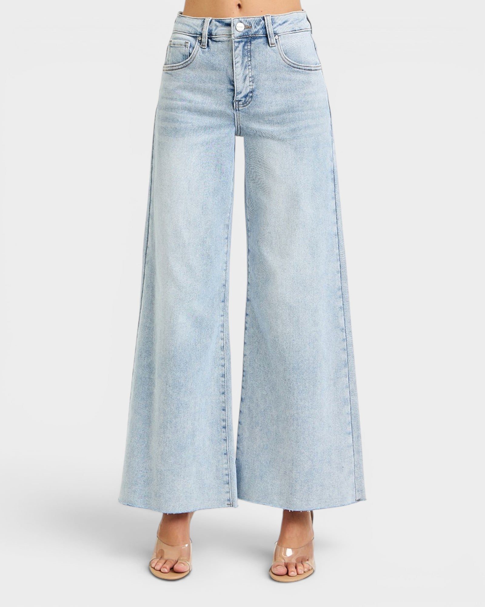 Light blue wide-leg jeans on a white background