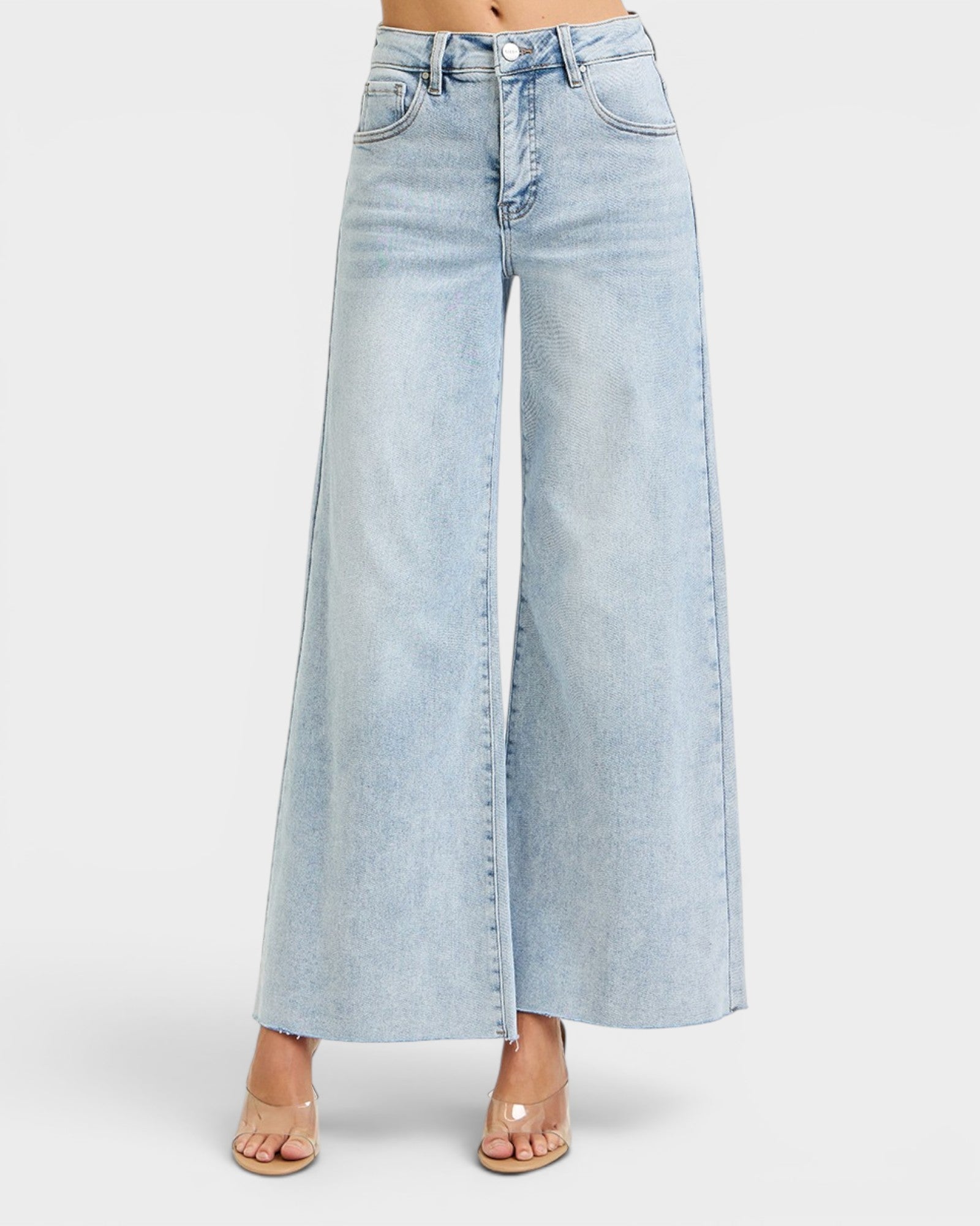 Light blue denim wide-leg pants on a white background
