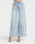 Light blue denim wide-leg pants on a white background