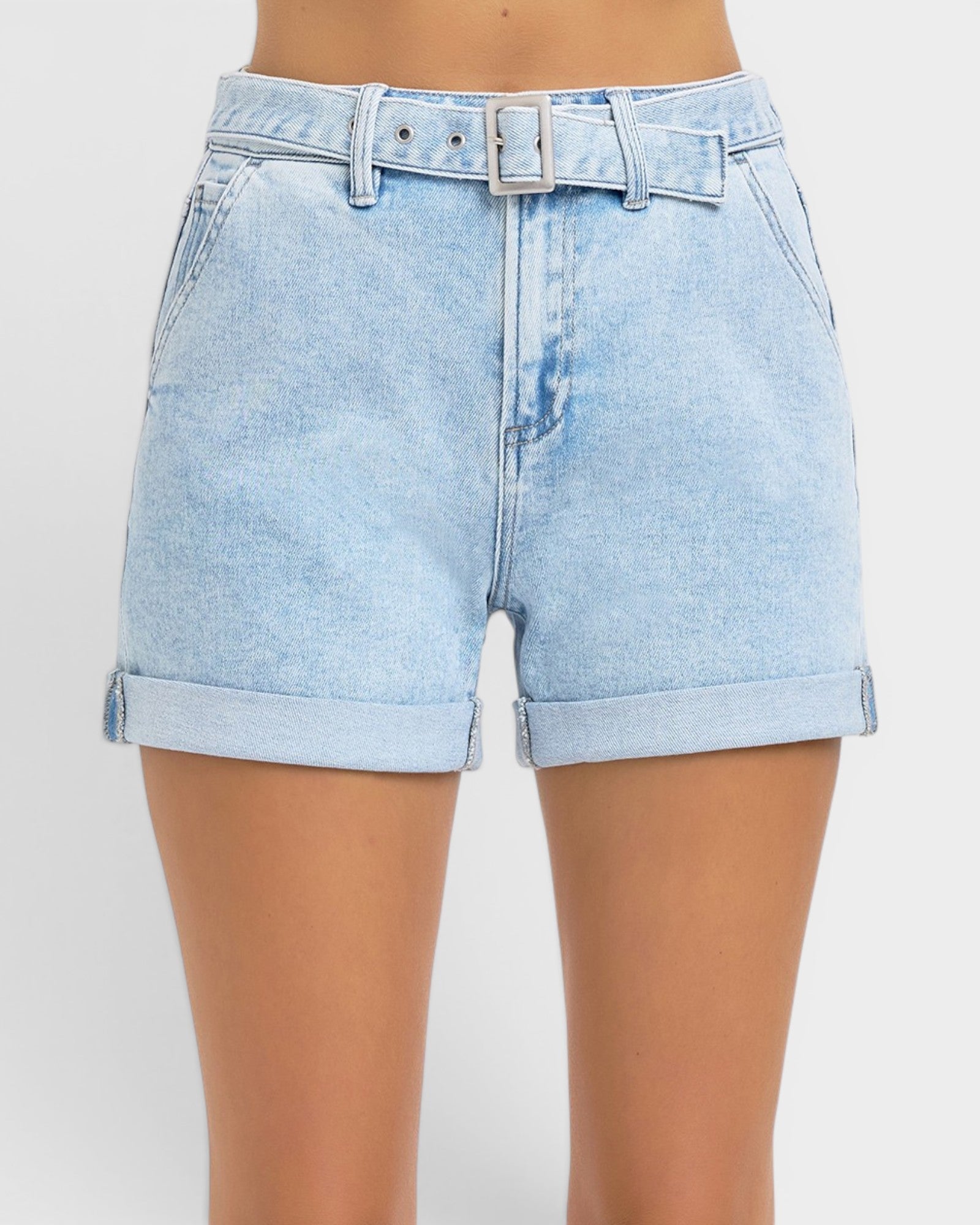 Light blue denim shorts with a belt on a white background