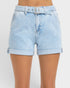 Light blue denim shorts with a belt on a white background