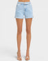 Light blue denim shorts worn by a person on a white background