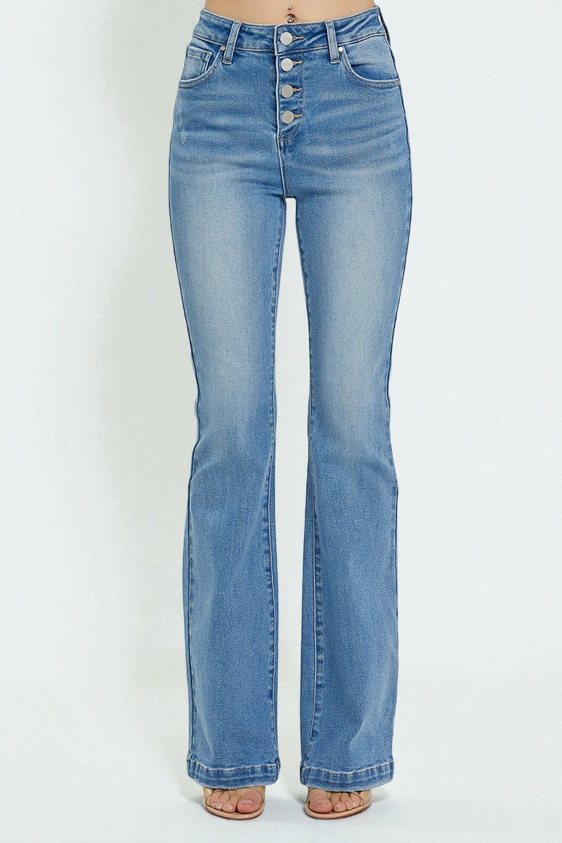 Blue flared jeans on a white background
