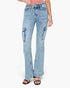 A model wearing light-wash blue denim cargo flare jeans, styled with a pink top and black slide sandals against a plain white background.