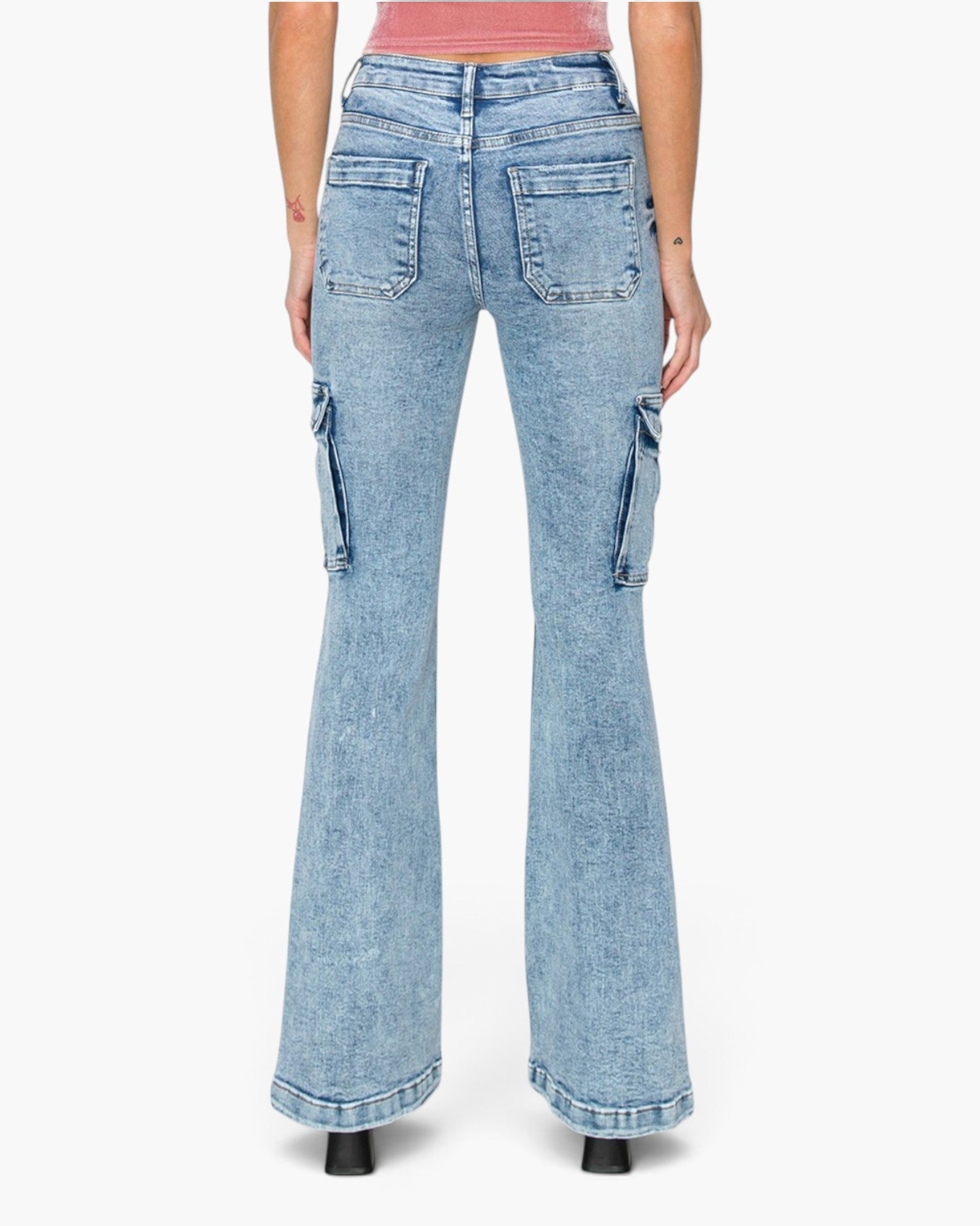 Light blue high-waisted flare jeans with side cargo pockets, shown from the back on a model against a white background.