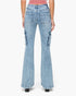 Light blue high-waisted flare jeans with side cargo pockets, shown from the back on a model against a white background.