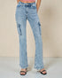 Light blue jeans worn by a person on a neutral background