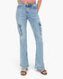 A person wearing light-wash blue denim cargo flare jeans with side flap pockets, shown from the waist down against a plain light gray studio background.