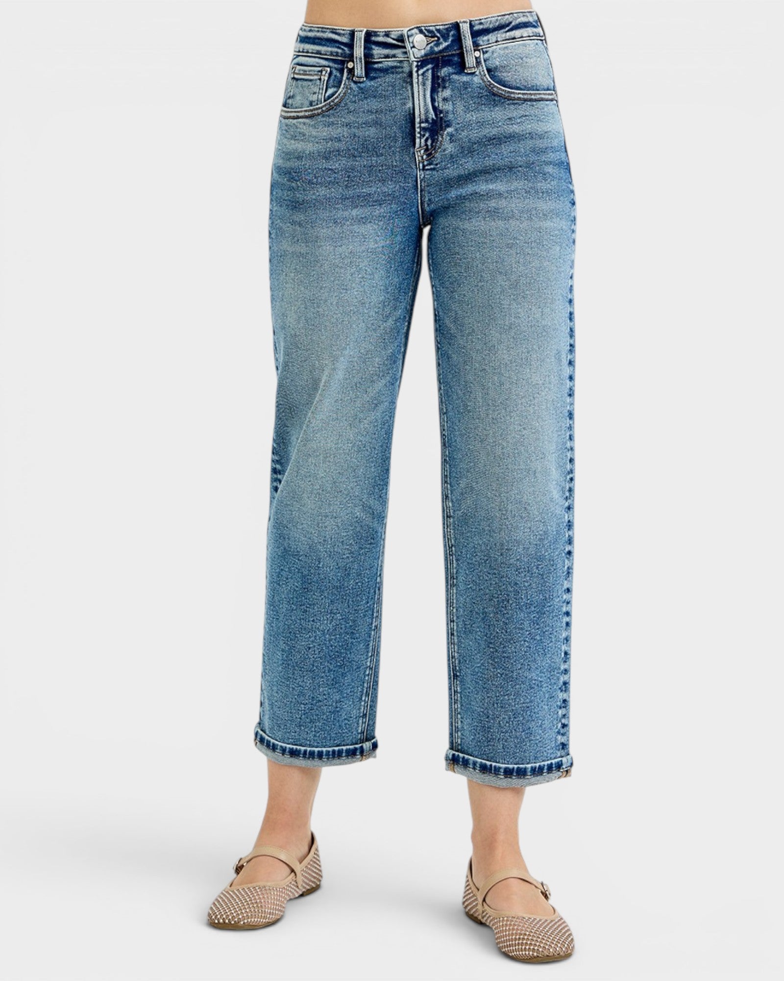 Medium Wash High Rise Crop Straight Jeans