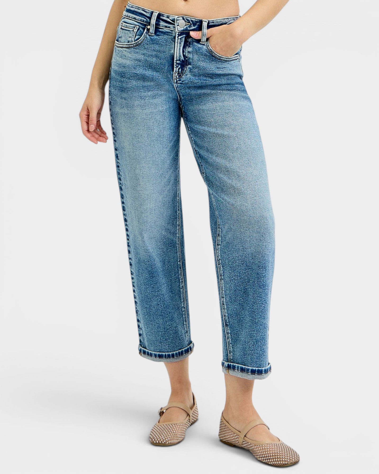 Medium Wash High Rise Crop Straight Jeans