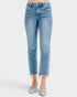 Light blue jeans with a frayed hem on a white background
