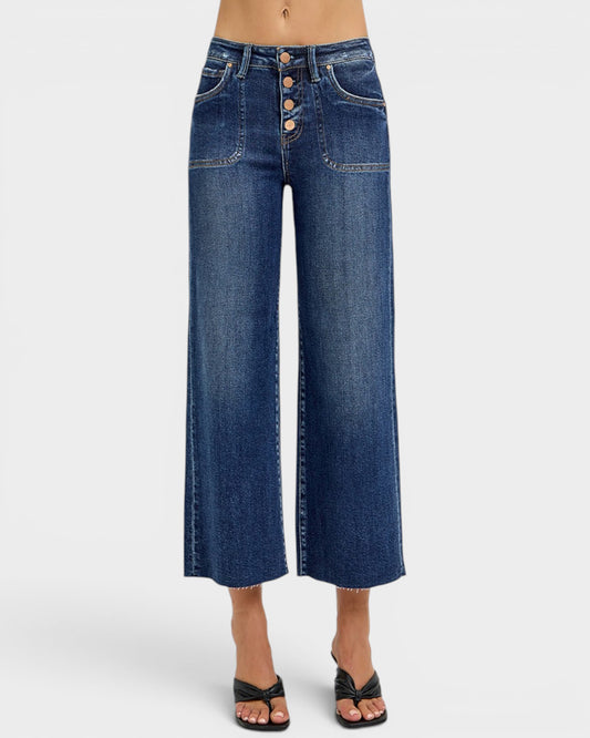 Blue wide-leg jeans on a white background