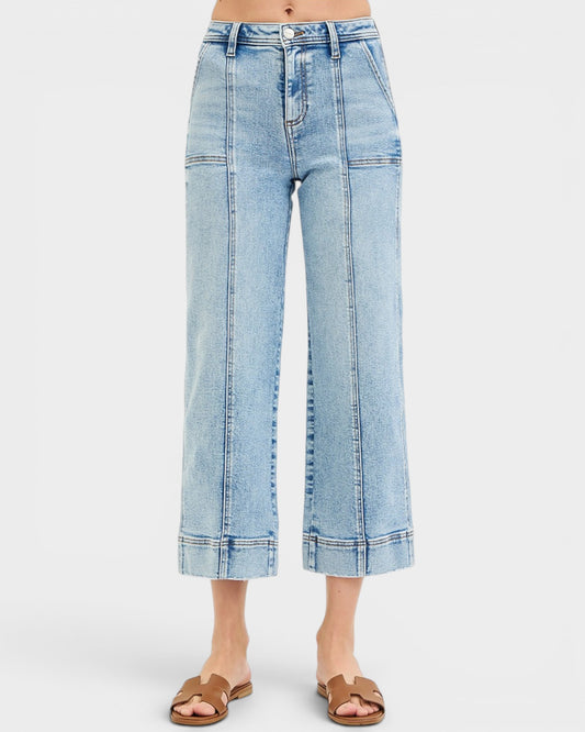 Light blue denim wide-leg jeans on a white background