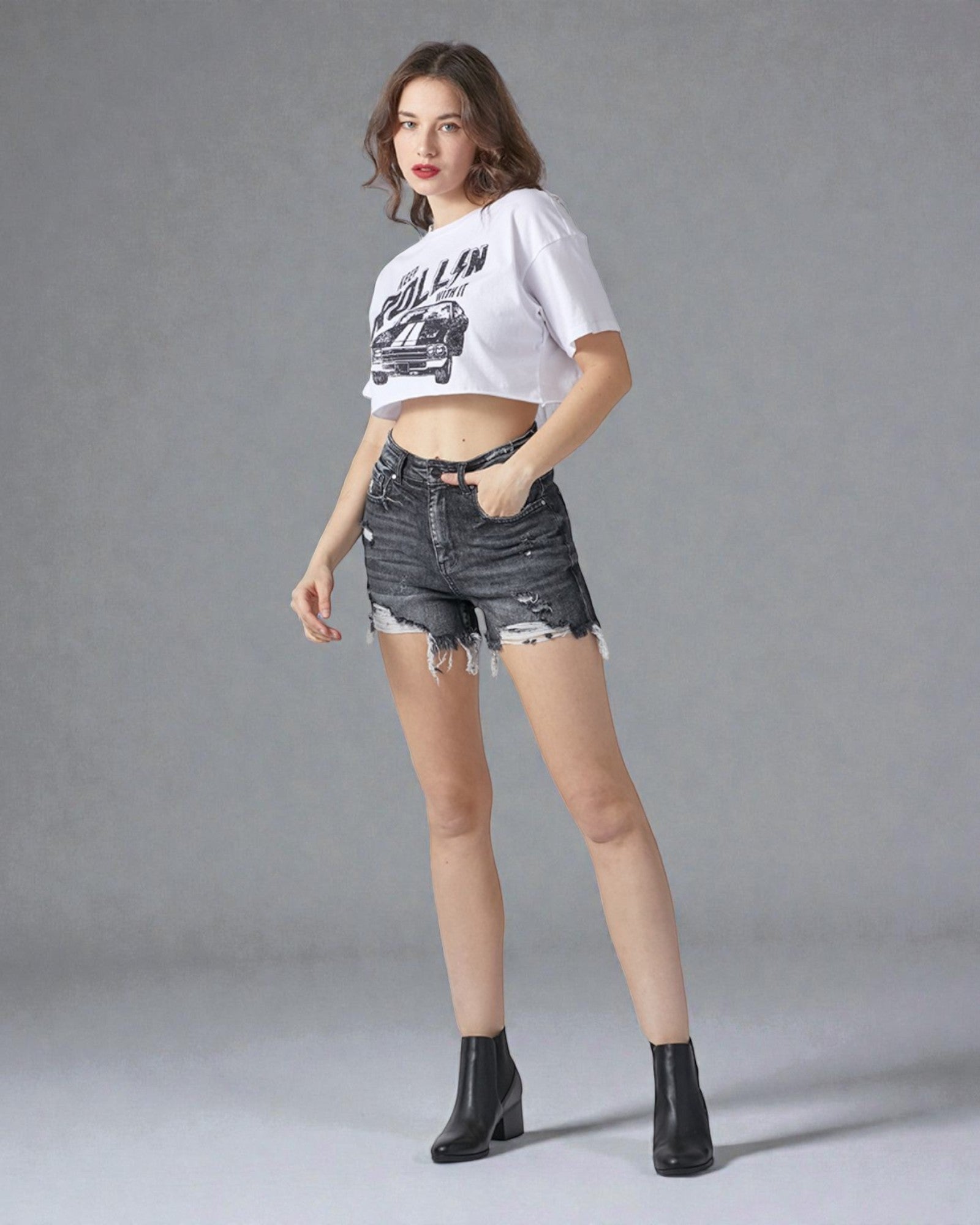 Short en jean taille haute délavé noir effet vieilli