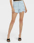 Light blue denim shorts worn by a person on a white background