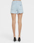 Light blue denim shorts worn by a person on a white background