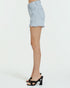 Light blue denim shorts worn by a person on a white background