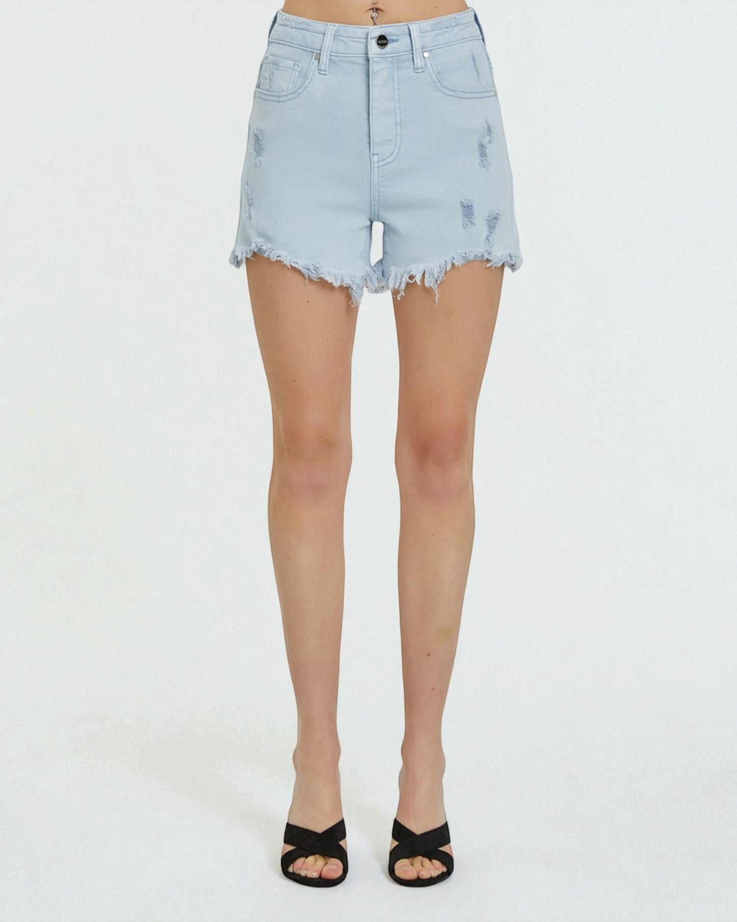 Light blue denim shorts worn by a person on a white background