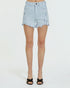 Light blue denim shorts worn by a person on a white background